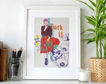 Drawing Print Fine Art Paper 8.5x11 Boy in Skirt Smoking Flowers and Lemons Colorful Digital Art