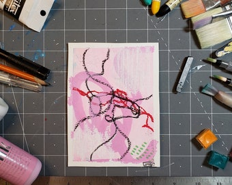 Original Abstract Art "Meandering 5" 4x6 Watercolor, Oil Pastel, Krink Markers, Watercolor paper