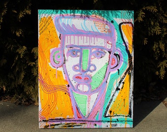 Original Abstract Continuous Line Portrait Contour Line Acrylic Painting Mixed Media 16x20 on Wrapped Canvas Street Art