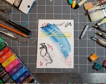 Original Abstract Art "Meandering 12" 4x6 Watercolor, Oil Pastel, Krink Markers, Watercolor paper