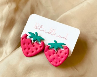 Strawberry Polymer Clay Studs, Spring, Summer Fruit Earrings