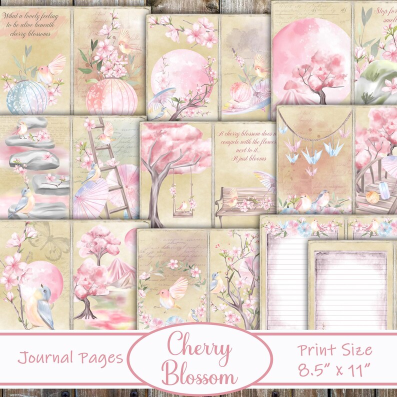 Pu&ograve; includere: Un set di 12 pagine di diario stampabili con illustrazioni ad acquerello di fiori di ciliegio, uccelli ed elementi di ispirazione giapponese. Le pagine sono progettate per l'uso in un diario o album e misurano 21,6 cm per 27,9 cm.