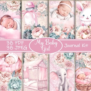 Kit de diario para niña, páginas de álbum de recortes rosa para bebé, regalo imprimible para baby shower, álbum digital para bebé, libro de recuerdos para niña, álbum de recortes rosa para bebé