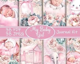 Pink Baby Girl Junk Journal Kit: Printable Scrapbook Album (PDF/JPEG)