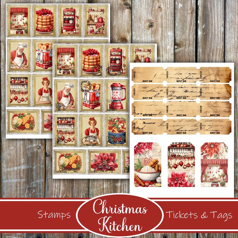 May include: A set of printable digital Christmas kitchen themed stamps, tickets, and tags. The stamps feature images of a red kitchen mixer, a woman baking, a bowl of fruit, and a poinsettia. The tickets and tags feature images of a bowl of candy canes, a poinsettia, and a red kitchen with a window.