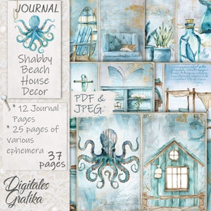 Beach House Decor Junk Journal Kit, Holiday Junk Journal, Journal Pages, Full Sheet, Flowers, Printable, Beach, Unique Gift, Coastal Home