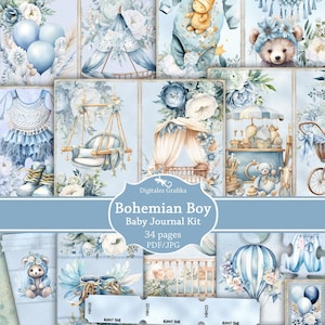 Kit de diario basura bohemio para bebé niño: imprimible con flores azules (PDF y JPEG)