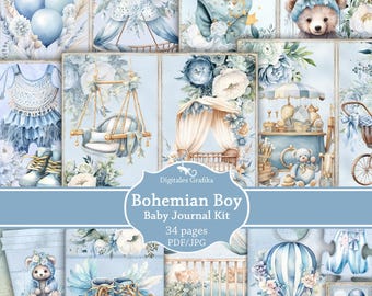 Bohemian Baby Boy Junk Journal Kit: Blue Floral Printable (PDF & JPEG)