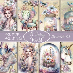 May include: A digital collage kit with 42 images in PDF and JPEG format, featuring a whimsical fairy theme. The images include a fairy with flowers in her hair, a vintage chair, a jar with flowers, a birdcage, a unicorn, and a glass dome with flowers.