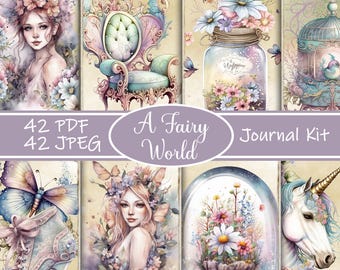 May include: A digital collage kit with 42 images in PDF and JPEG format, featuring a whimsical fairy theme. The images include a fairy with flowers in her hair, a vintage chair, a jar with flowers, a birdcage, a unicorn, and a glass dome with flowers.