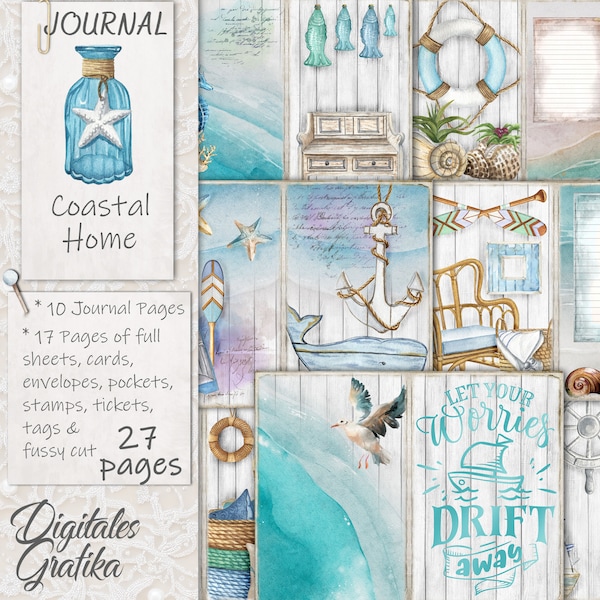 COASTAL HOME JOURNAL Kit, Beach House Journal, Pages, Envelopes, Papers, Download, Printable, Holiday Home, Beach Living