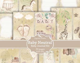 Neutrale babydagboekkit, genderneutrale kinderkamer kortstondige afdrukbare, zachte vintage babycollagepagina's