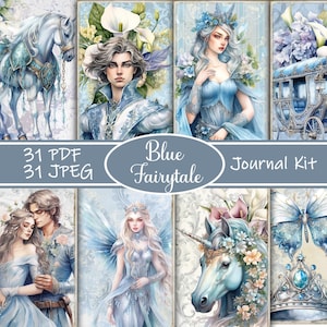 Blue Fairytale Junk Journal Kit – Afdrukbare prinses Ephemera, magische plakboekpagina's, betoverde kasteelkunst, digitaal fantasiepapier