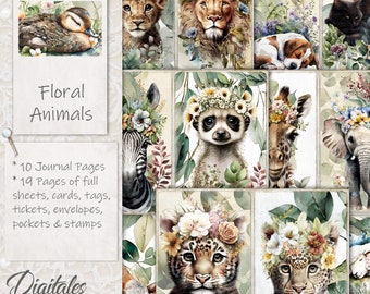 FLORAL ANIMALS JOURNAL Kit, Books, Journal Pages, Full Sheet, Flowers, Printable, Animal Journal