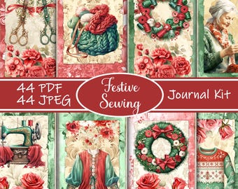 Festliches Sewing Junk Journal Kit zum Ausdrucken, Urlaub Handwerk Ephemera, Weihnachten nähen Seiten, digitaler Download