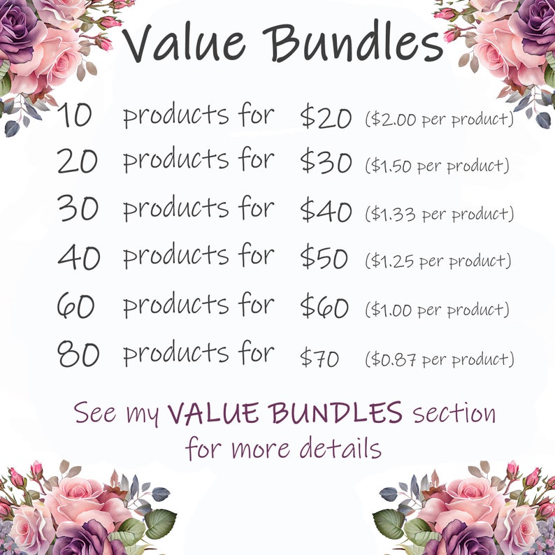 May include: A pink and white floral graphic with the text "Value Bundles" and a list of product bundles with varying quantities and prices. The text includes the number of products, the total price, and the price per product.