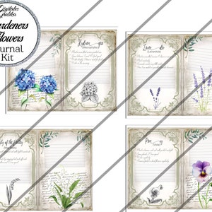 May include: A printable journal kit featuring four pages with watercolor illustrations of flowers and text about gardening. The flowers include hydrangea, lavender, lily of the valley, and pansy.