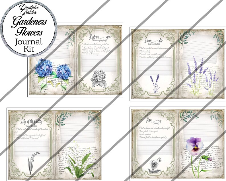 May include: A printable journal kit featuring four pages with watercolor illustrations of flowers and text about gardening. The flowers include hydrangea, lavender, lily of the valley, and pansy.