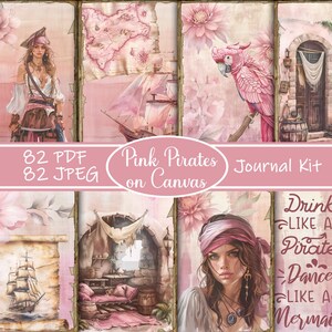 Pink Pirates Canvas Painting Deluxe Junk Journal Kit, Pirate Junk Journal, Journal Pages, Full Sheet, Printable, Pirate Paper