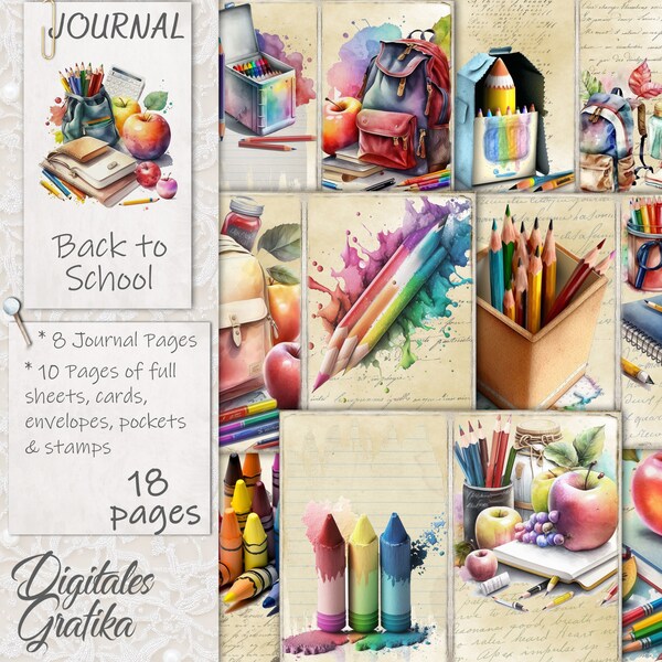 BACK TO SCHOOL Journal Kit, School Watercolor, Instant Download, Printable Junk Journal, Journal Pages, Stationary