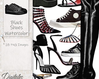 BLACK SHOES WATERCOLOR Clip Art, Fashion Clip Art, Stiletto Clip Art, Commercial Clip Art, Boots Clip Art, Sneakers Clip Art