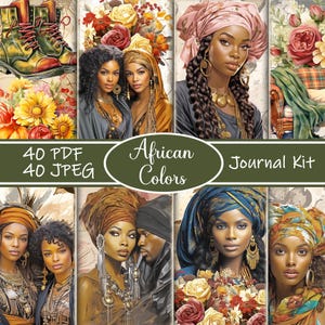Kit de carnet de voyage couleurs africaines, motifs africains imprimables et objets éphémères femmes noires | Kit papier numérique afrocentrique, pages de journal indésirable