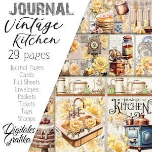 May include: A digital collage sheet with a vintage kitchen theme. The sheet features images of a kitchen sink, a stove, a teapot, a clock, and a jar of spices. The sheet is designed for scrapbooking, card making, and other paper crafts.