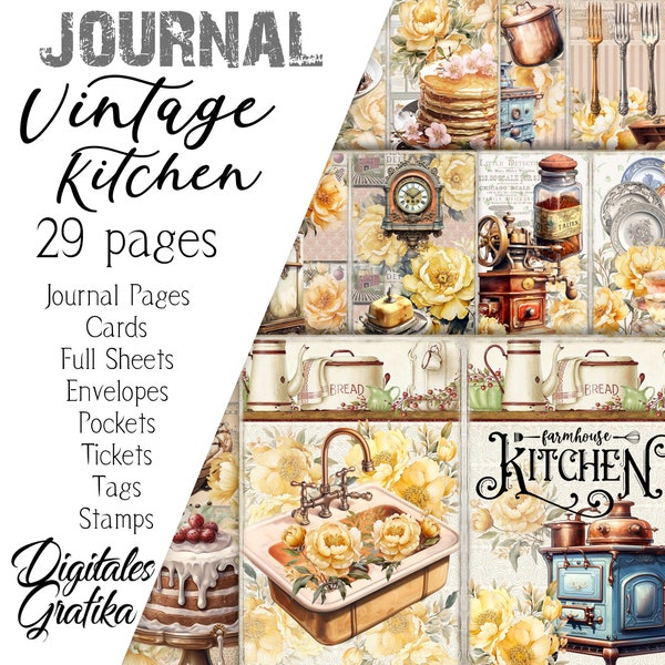 VINTAGE KITCHEN JOURNAL Kit, Vintage Junk Journal, Journal Pages, Full Sheet, Flowers, Printable, Kitchen Paper