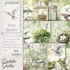 Kit de journal indésirable JARDIN DES COLOMBES, journal oiseaux indésirables, pages de journal, feuille complète, fleurs, imprimable, papiers colombes blanches, cadeau colombes