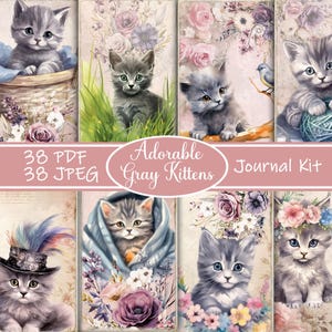 Kit de carnets pour chats gris, éphémères chats mignons, papier chat à imprimer, carnet numérique pour chats, pages de scrapbooking chat, carnet pour chatons