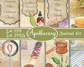 May include: A digital collage kit with 24 images in PDF and JPEG format. The images feature vintage botanical illustrations, handwritten text, and apothecary labels with names of herbs and spices such as lavender, sandalwood, chamomile, spearmint, cinnamon, cloves, cardamom, orange, linden, rose, honey, and vanilla.
