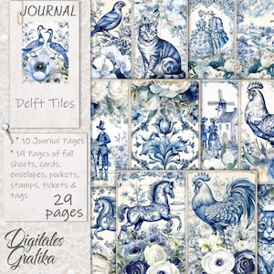 DELFT TILES JOURNAL Kit, Porcelain, Journal Pages, Full Sheet, Flowers, Printable, Blue and White Tiles, Gift for Mom