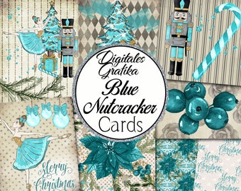 BLUE NUTCRACKER CHRISTMAS Journal Cards, Junk Journal Ephemera, Printable Ephemera, Digital Download, Christmas Cards