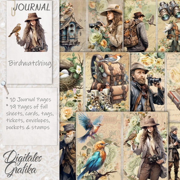 BIRDWATCHING JOURNAL KIT, Bird Junk Journal, Journal Pages, Full Sheet, Bird Watchers Paper, Vintage Junk Journal Kit