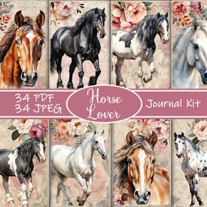 Kit de diario basura para amantes de los caballos, diario basura vintage, páginas de diario, hoja completa, flores, imprimible, papel de caballos, álbum de recortes de caballos
