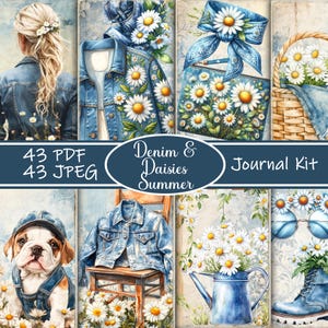 Denim & madeliefjes Summer Junk Journal Kit, afdrukbare ephemera, plakboek blauwe bloemen, digitale collage, junk Journal-benodigdheden, denim plakboek