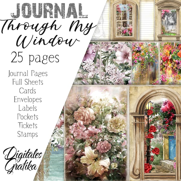 Through My Window Digital Journal Kit | Garden Junk Journal | Pages | Envelopes | Paper | Download | Printable | Flower | Plants