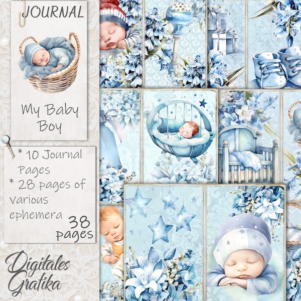 MY BABY BOY Journal Kit, Blue Baby Junk Journal, Journal Pages, Full Sheet, Flowers, Printable, Baby Paper, Blue Journal