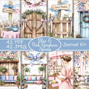 Kit de diário de primavera com estampa xadrez azul e rosa, envelopes, papel, para baixar, para imprimir, primavera, álbum de recortes de primavera, álbum de recortes xadrez