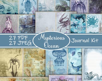 Mysterious Ocean Junk Journal Kit, Marine Junk Journal, Pages, Envelopes, Paper, Download, Printable, Mermaid, Shell, Sea