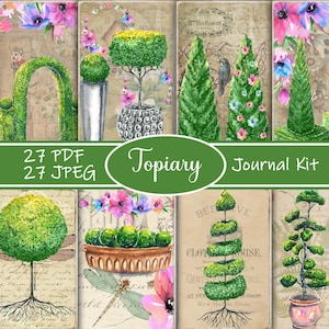 Könnte beinhalten: Ein digitales Collage-Blatt mit 27 Bildern von Topiary-Designs. Die Bilder zeigen verschiedene Topiary-Formen, darunter Kugeln, Kegel und Spiralen. Die Bilder sind im Vintage-Stil mit einem verblassten Hintergrund und floralen Akzenten gehalten. Der Text "Topiary Journal Kit" ist auf dem Collage-Blatt abgebildet.