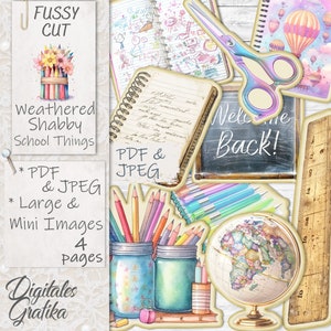 Weathered Shabby Back to School Fussy Cut, Stationary Watercolor Images, Fussy Cut, Journal Ephemera, Scrapbook Cuts