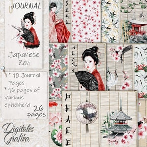 Japanese Junk Journal Kit, JAPANESE ZEN, Japan Junk Journal, Envelopes, Paper, Download, Printable, Geisha, Cherry Blossom, Japanese Gift