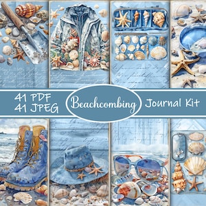 May include: A digital collage kit for scrapbooking or journaling featuring a beachcombing theme. The kit includes 41 images in PDF and JPEG format. The images feature seashells, a blue jacket, a blue hat, sunglasses, boots, and a starfish.