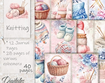 Kit imprimible para diario de tejido, efímeras vintage, páginas acogedoras de tejido cottagecore, descarga digital