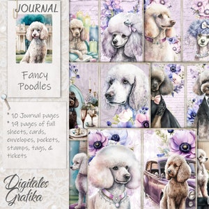 Kit diario spazzatura per cani, FANCY POODLES, diario spazzatura per barboncini francesi, pagine di diario, foglio intero, fiori, stampabile, diario per cani