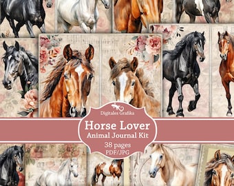 Vintage Pferde Junk Journal Kit zum Ausdrucken, Reitsport Ephemera, antike Pferdekunst Seiten, digitaler Download