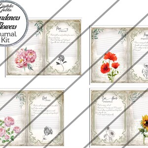 May include: A set of four printable journal pages featuring vintage floral illustrations and text about different flowers. The flowers include a poppy, a rose, a sunflower, and a pron.