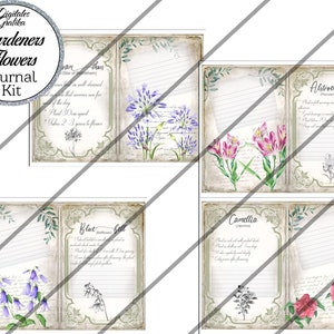 May include: A printable journal kit featuring four different flower varieties: Bluebell, Alstroemeria, Camellia, and Agapanthus. Each page includes a vintage-style floral illustration, a handwritten description of the flower, and lined space for journaling.