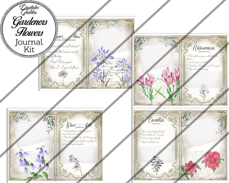 May include: A printable journal kit featuring four different flower varieties: Bluebell, Alstroemeria, Camellia, and Agapanthus. Each page includes a vintage-style floral illustration, a handwritten description of the flower, and lined space for journaling.